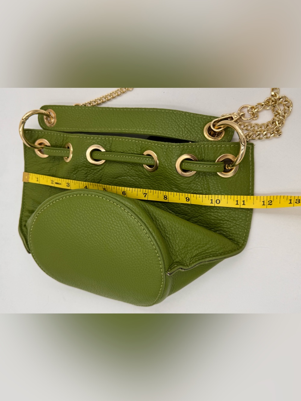 Anna Paola Gorgeous Green Leather Drawstring Bucket Bag, Made in Italy - Picture 10 of 16